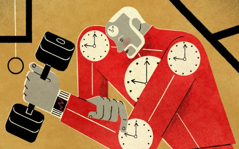An illustration of an older man with clocks around his joints lifting a dumbbell.
