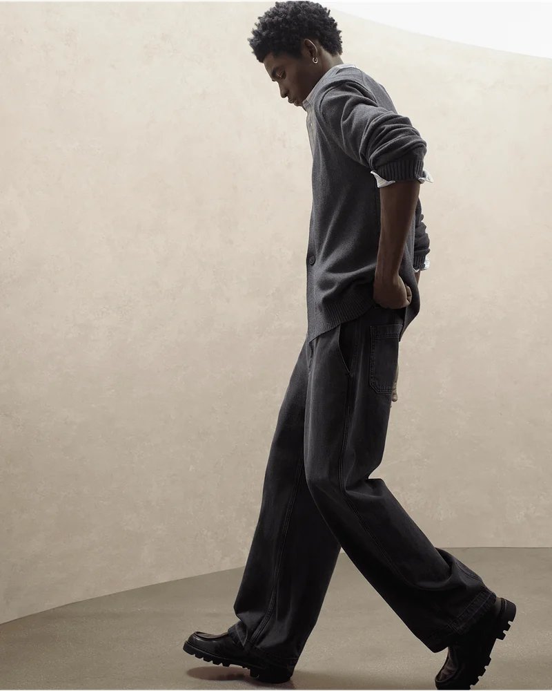 Image | Model in The Classic Cardigan in Everyday Cotton and Baggy Rigid Jean