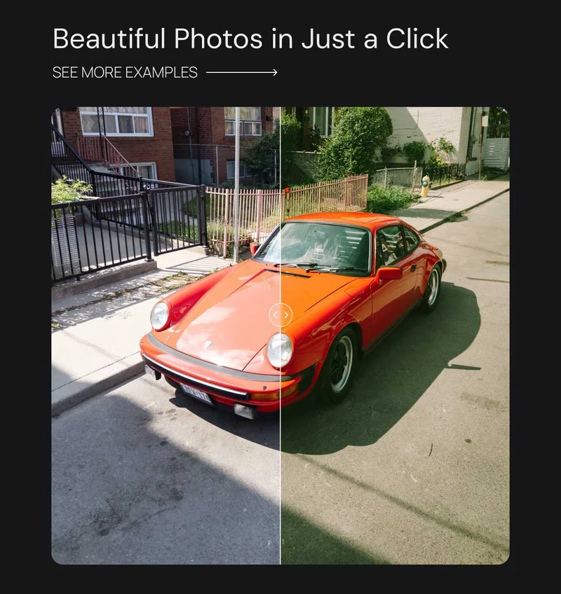 Beautiful Photos in Just a Click - See More Examples - Image of a red car with a before and after comparison using the new preset