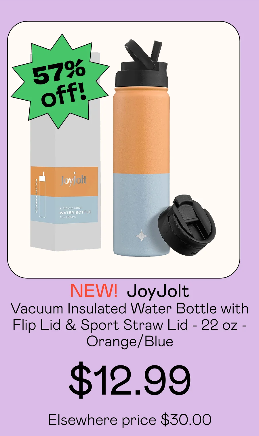 Vacuum Insulated Water Bottle with Flip Lid & Sport Straw Lid - 22 oz - Orange/Blue
