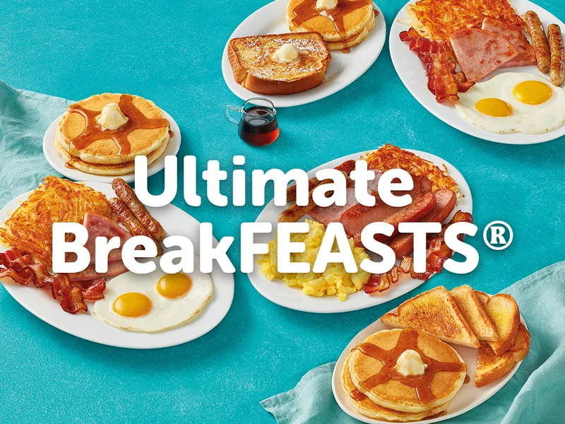 An assortment of IHOP BreakFEASTs®, including the Classic BreakFEAST® Sampler, the Have It All BreakFEAST®, and the Big Farmhouse BreakFEAST®