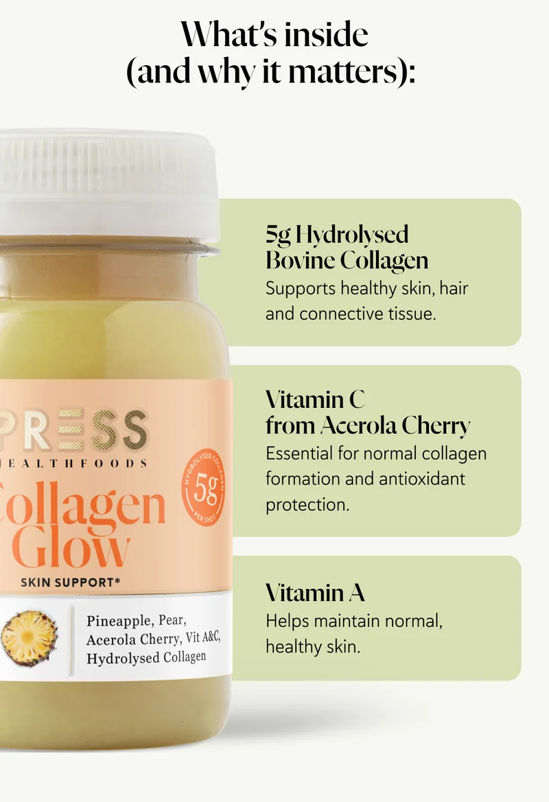What’s inside (and why it matters):  5g Hydrolysed Bovine Collagen Supports healthy skin, hair and connective tissue. Vitamin C from Acerola Cherry Essential for normal collagen formation and antioxidant protection. Vitamin A Helps maintain normal, healthy skin.