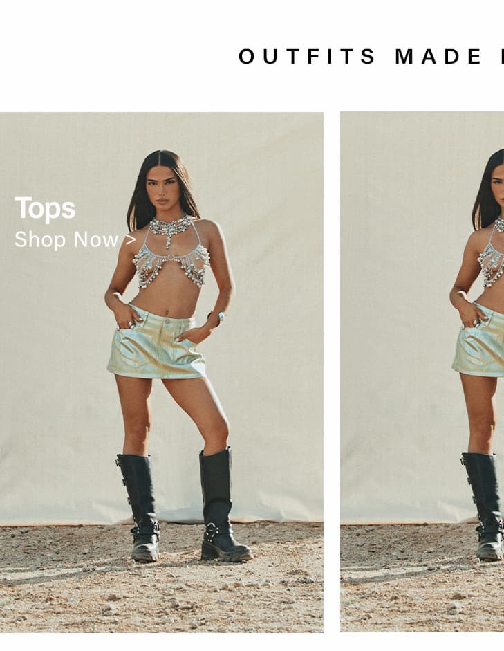 Stylish woman models a shimmering silver beaded crop top, iridescent mini skirt, and black boots. Shop new women's tops and trendy outfits now.