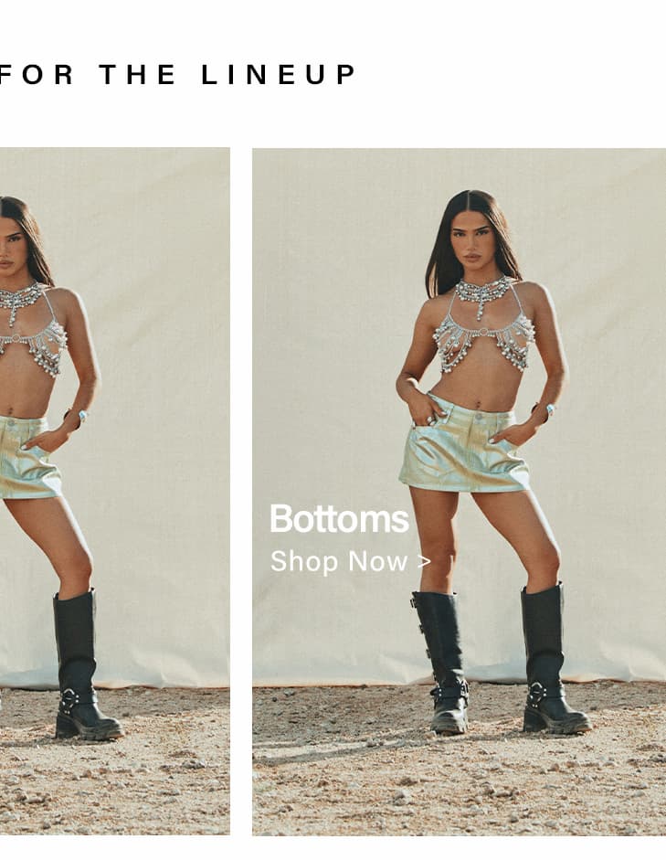 Stylish woman models a shimmering silver beaded crop top, iridescent mini skirt, and black boots. Shop new women's tops and trendy outfits now.