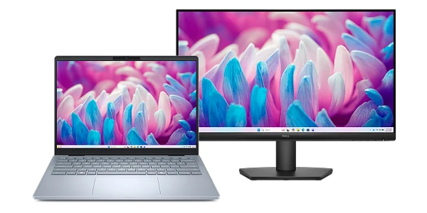 A Dell 24 Monitor next to a Dell 14 Plus Laptop computer.