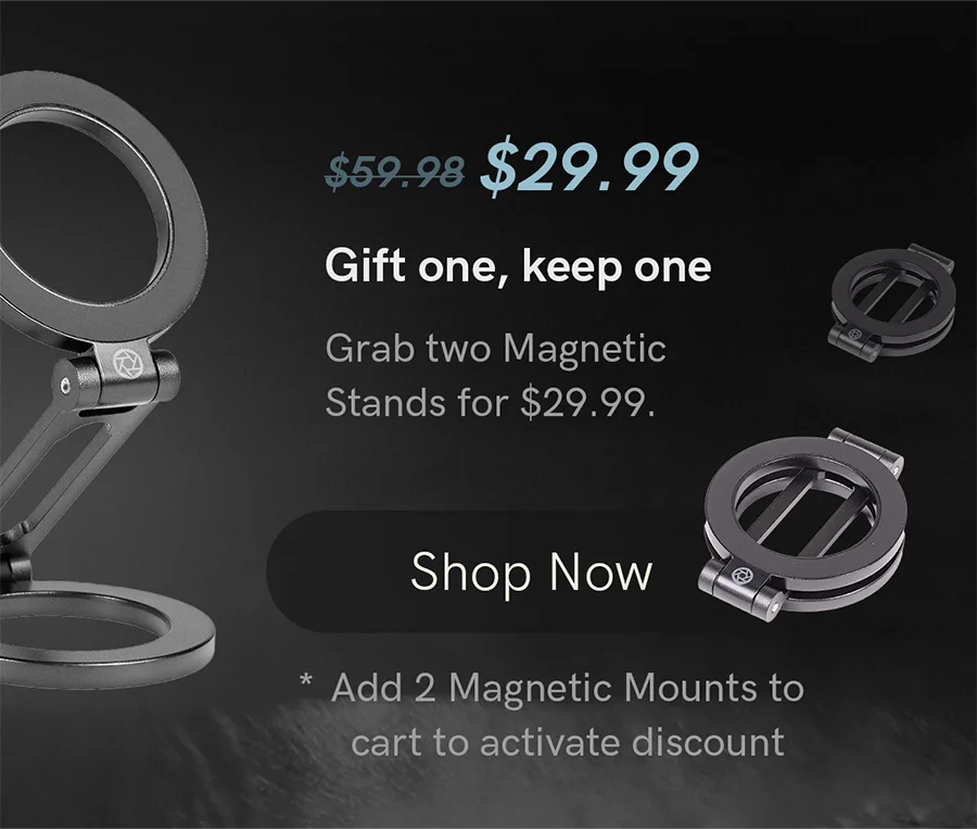 Two Lume Cube Magnetic Stands displayed on dark background. Text reads ‘Gift one, keep one. Grab two Magnetic Stands for $29.99.’