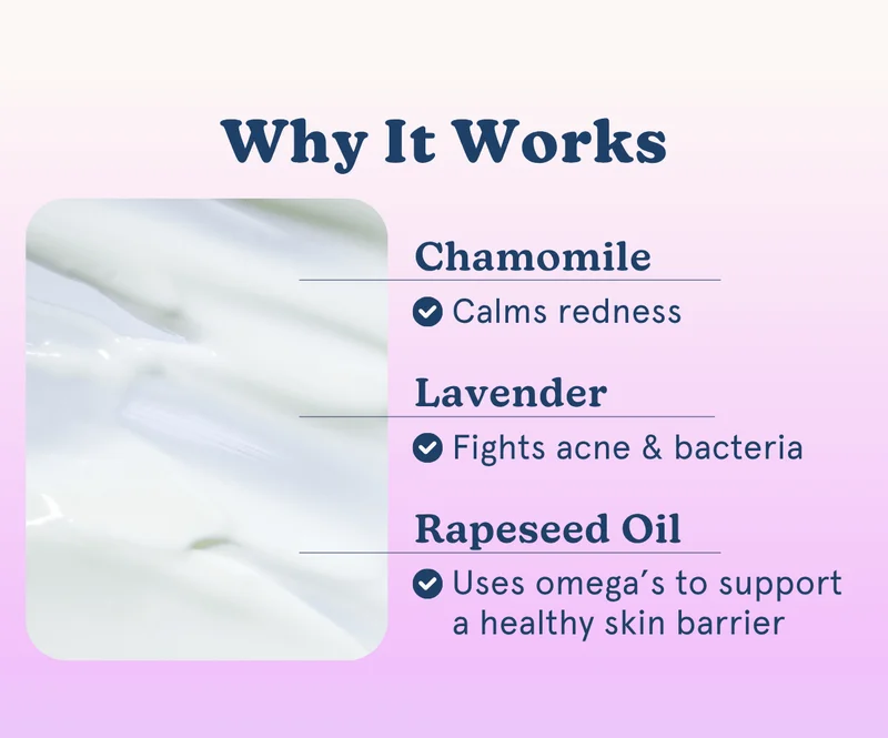 Why it Works: Chamomile - Calms redness, Lavender - Fights acne & bacteria, Rapeseed Oil - Uses omega's to support a healthy skin barrier