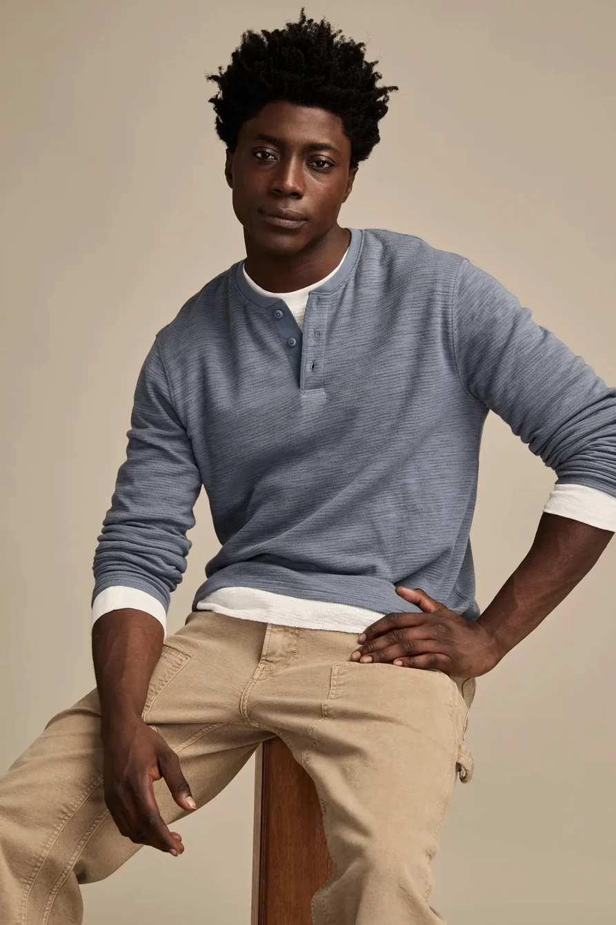 Image of Lucky Brand Textured Knit Henley - Men's Clothing Tops Tees Henley Shirt in Turtledove