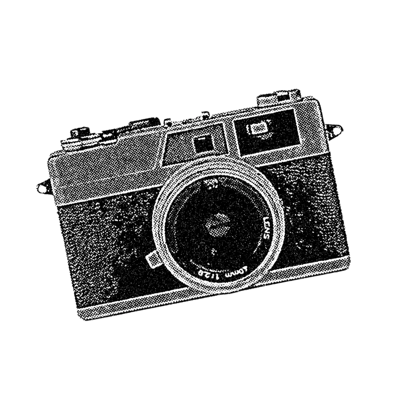 Vintage-style camera rendered in black and white halftone dots.