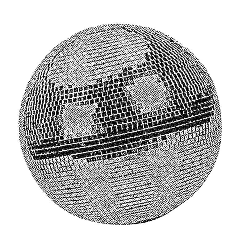 Halftone dotted illustration of a disco ball, evoking retro newspaper graphics.