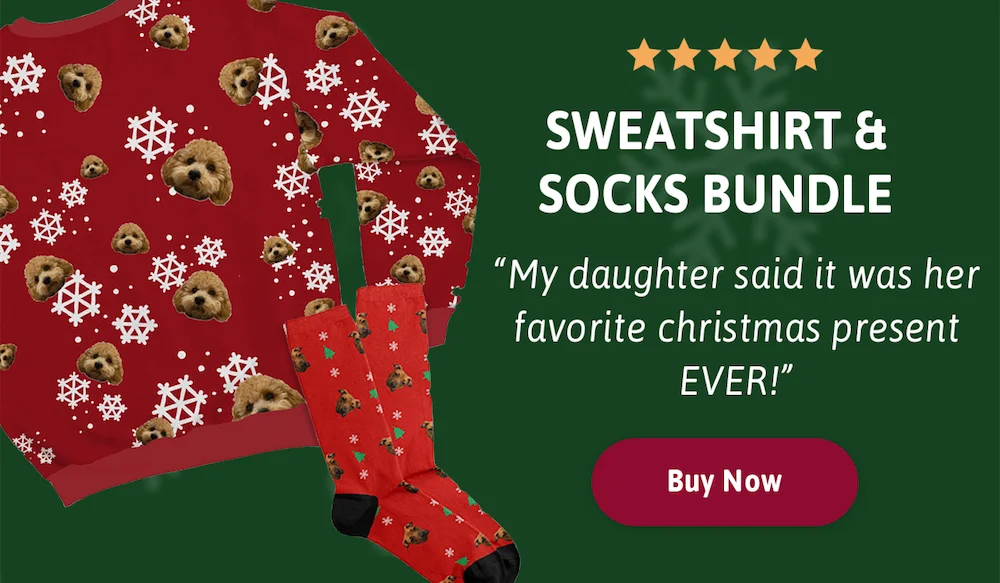 Custom Christmas Pet Face Sweatshirt and Socks Bundle. 25% Off - Buy Now.