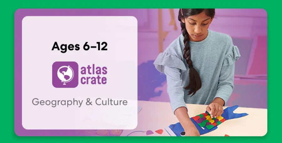 Child exploring KiwiCo World geography crate. Fun activities on culture and world exploration for ages 6–12+