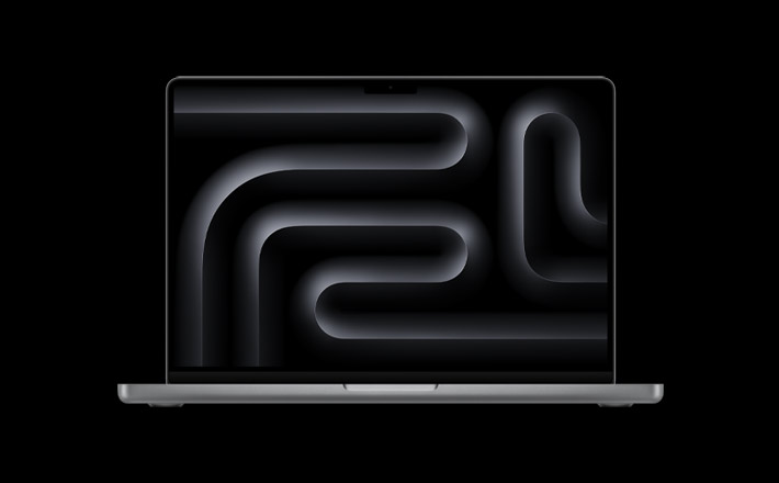 MacBook Pro, open lid, silver color, Liquid Retina XDR display, rounded corners, raised feet