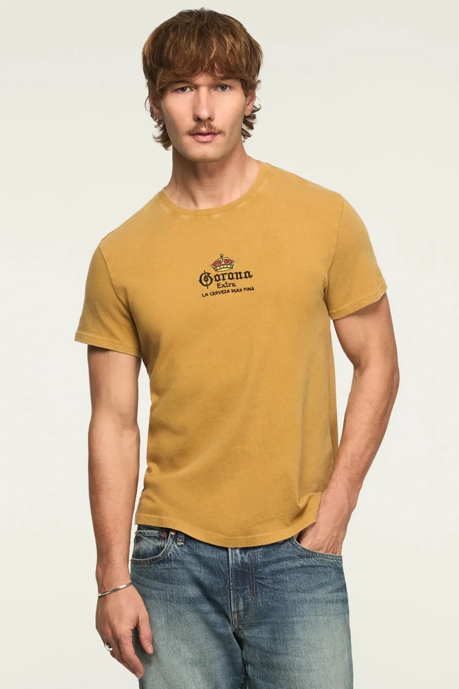 Image of Lucky Brand Corona Logo Tee - Men's Clothing Tops Shirts Tee Graphic T Shirts in Mustard Gold