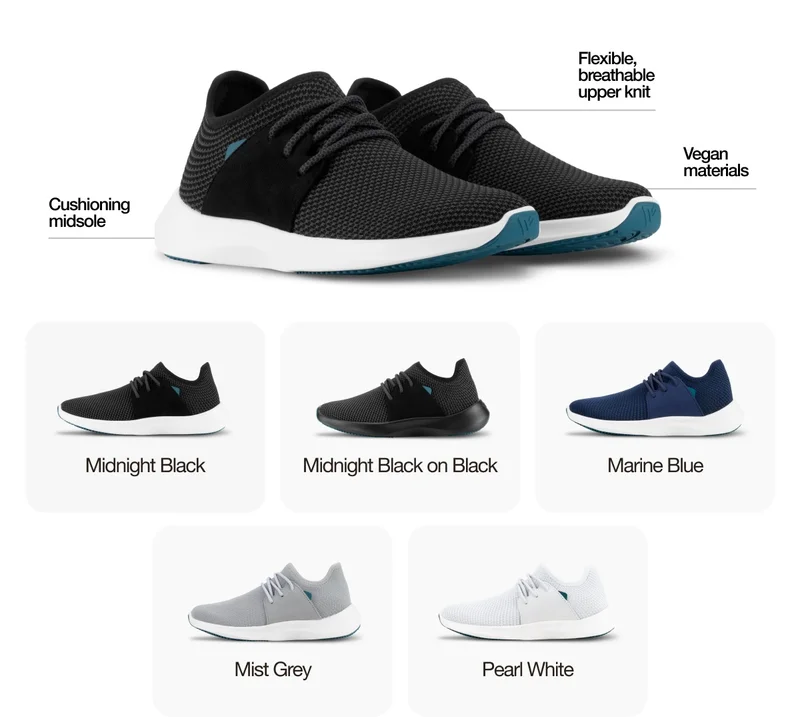 Cushioning midsole. Flexible, breathable upper knit. Vegan materials. Midnight Black. Midnight Black on Black. Marine Blue. Mist Grey. Pearl White.