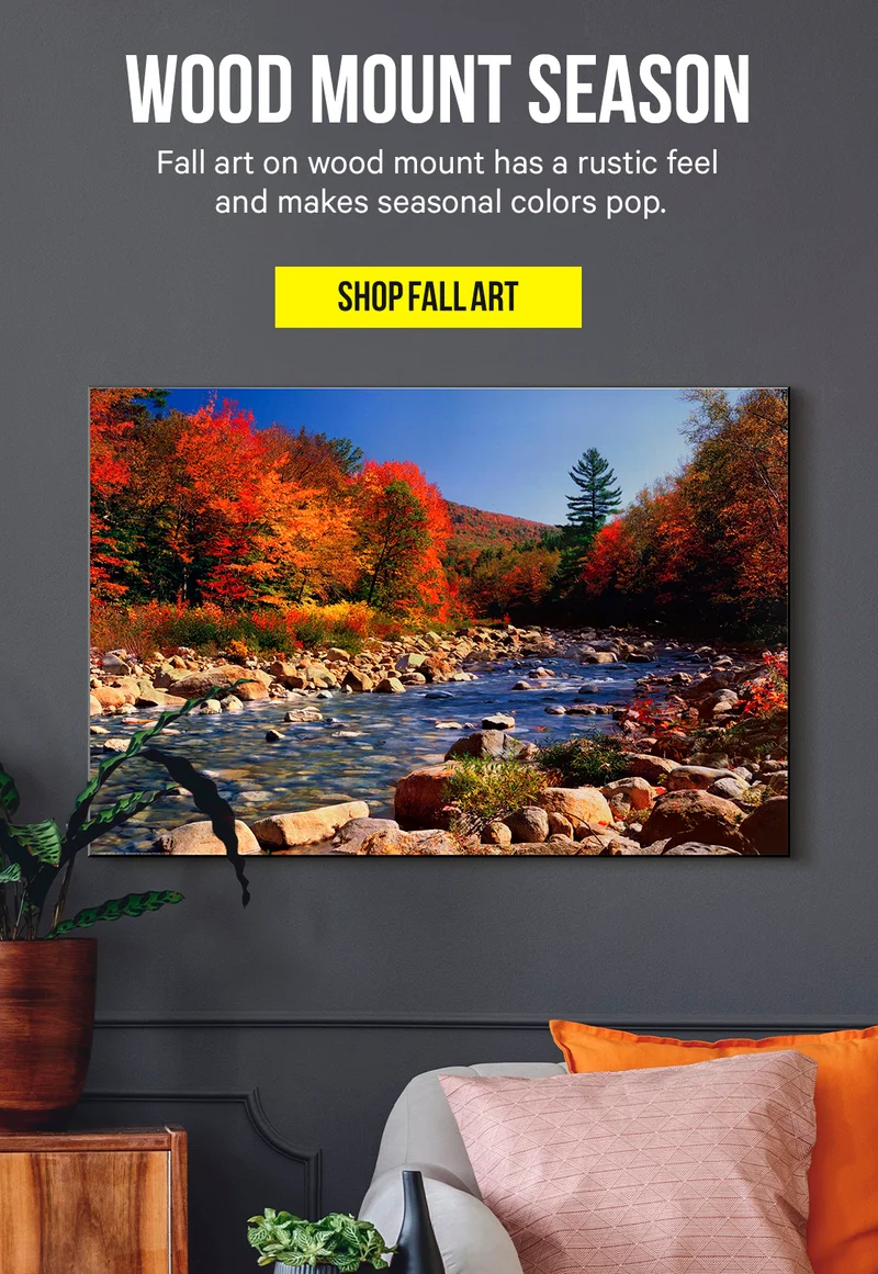 Fall art on wood mount has a rustic feel and makes seasonal colors pop.