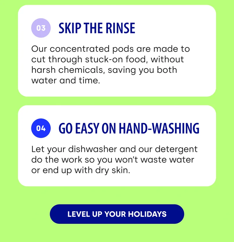 03 Skip the Rinse Our concentrated pods are made to cut through stuck-on food, without harsh chemicals, saving you both water and time. 04 Go Easy on Hand-Washing Let your dishwasher and our detergent do the work so you won’t waste water or end up with dry skin. [LEVEL UP YOUR HOLIDAYS]