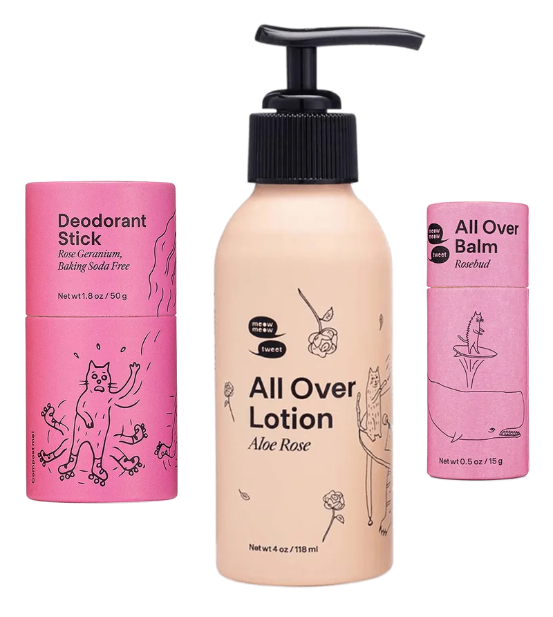 Three pink bottles and tubes