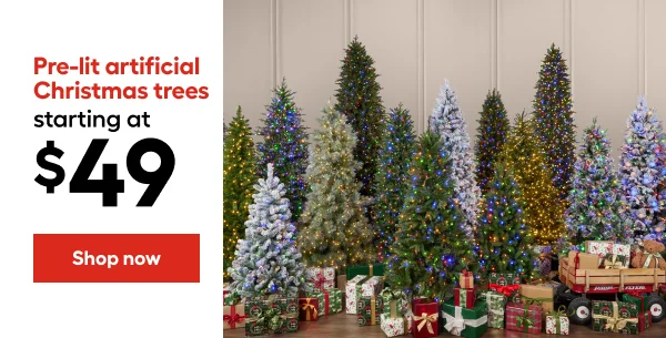 Pre-lit artificial Christmas trees starting at $49.
