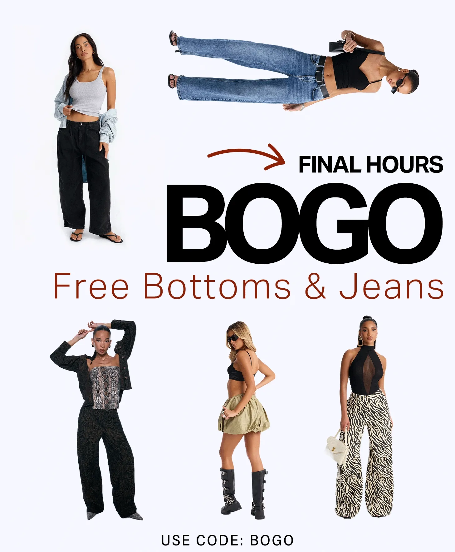 Models showcase diverse women's bottoms and jeans, including black wide-leg pants, blue denim, and various prints. Final hours for discount code free bottoms & jeans sale.