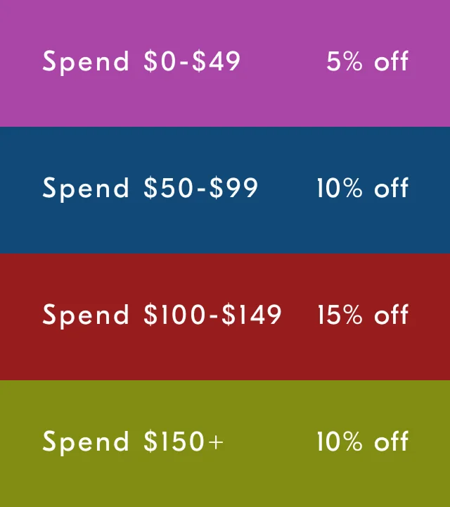 Spend $0-$49 5% off / Spend $50-$99 10% off / Spend $100-$149 15% off / Spend $150+ 20% off / This week, quality is served in quantity.
