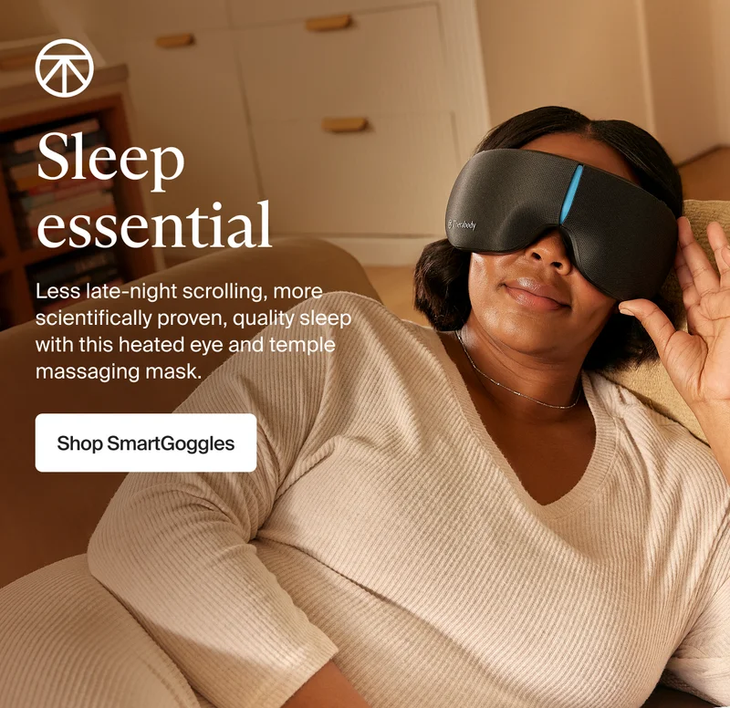 Sleep essential | Less late-night scrolling, more scientifically proven, quality sleep with this heated eye and temple massaging mask. | Shop SmartGoggles