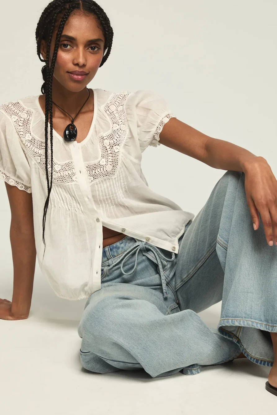 Image of Lucky Brand Crochet Puff Sleeve Button Up Top - Women's Clothing Tops Tees Shirts in Whisper White