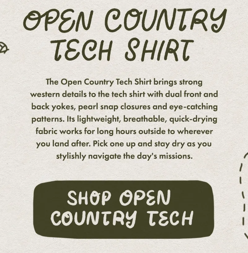 The Open Country Tech Shirt brings strong western details to the tech shirt with dual front and back yokes, pearl snap closures and eye-catching patterns. Its lightweight, breathable, quick-drying fabric works for long hours outside to wherever you land after. Pick one up and stay dry as you stylishly navigate the day's missions.