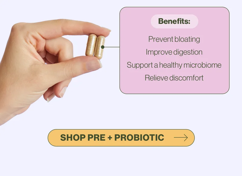 Benefits: Prevent bloating, Improve digestion, Support a healthy microbiome, Relieve discomfort