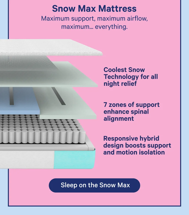 Snow Max Mattress; Maximum support, maximum airflow, maximum...everything. Coolest Snow Technology for all night relief, 7 zones of support enhance spinal alignment, Responsive hybrid design boosts support and motion isolation