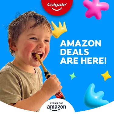A smiling child brushing their teeth with a Colgate Harry Potter Kids Battery Toothbrush. Colorful graphics float around them.