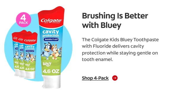A 4-pack of Colgate Kids Bluey Toothpaste against a light blue background. Next to a headline and paragraph that read