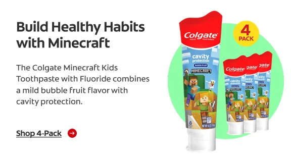 A 4-pack of Colgate Minecraft Kids Toothpaste against a green background. Next to a headline and paragraph that read