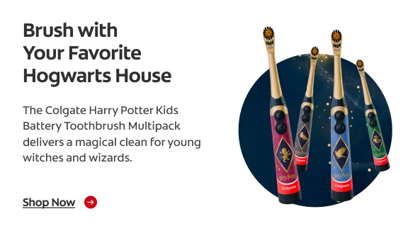 A multipack of Colgate Harry Potter Kids Battery Toothbrushes against a blue and starry background. Next to a headline and paragraph that read