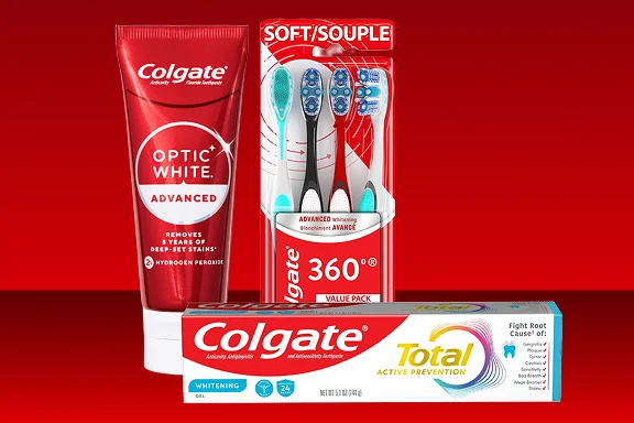 A variety of Colgate oral care products against a red background.