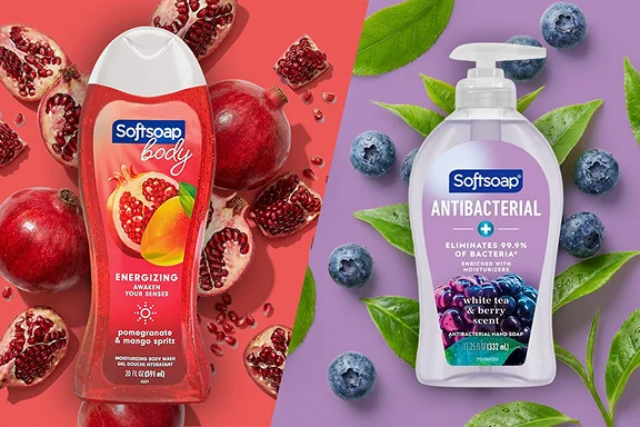 A split image featuring Softsoap body wash and antibacterial soap, respectively.