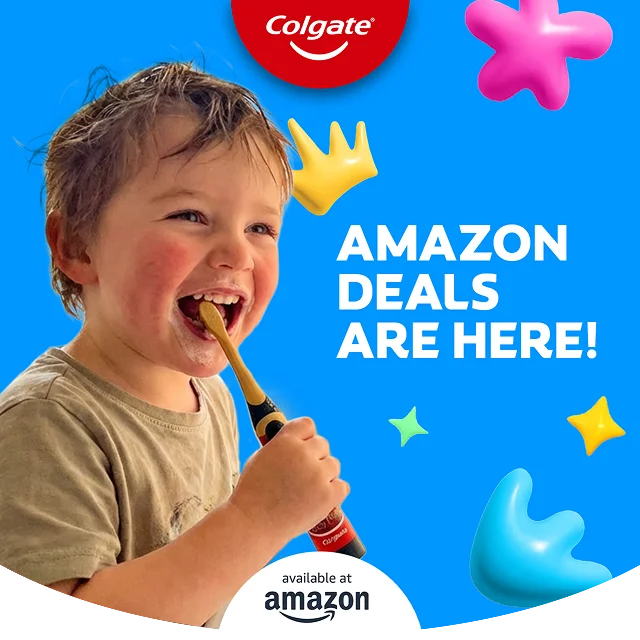 A smiling child brushing their teeth with a Colgate Harry Potter Kids Battery Toothbrush. Colorful graphics float around them.