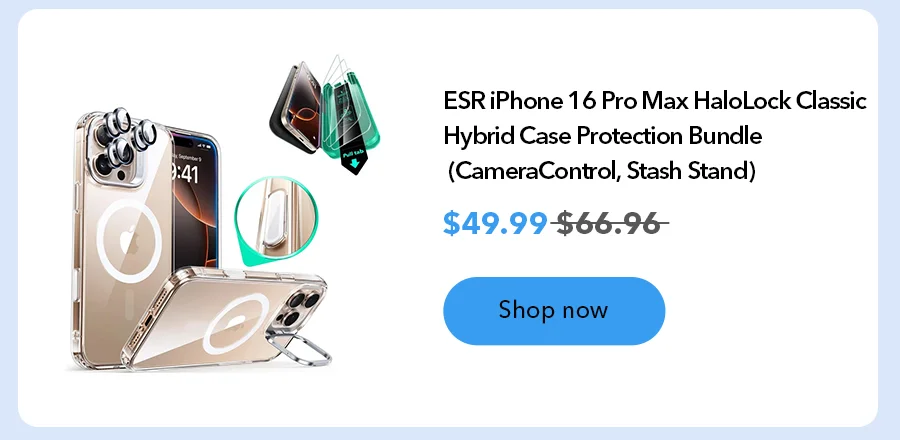ESR iPhone 16 Pro Max HaloLock Classic Hybrid Case Protection Bundle (CameraControl, Stash Stand)