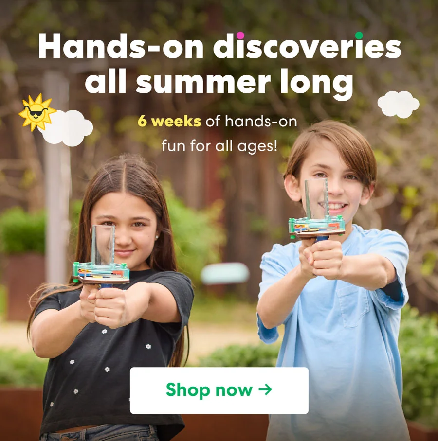 Two kids conducting a summer science activity with promotional badge: “Buy 2 or more, save $20+”
