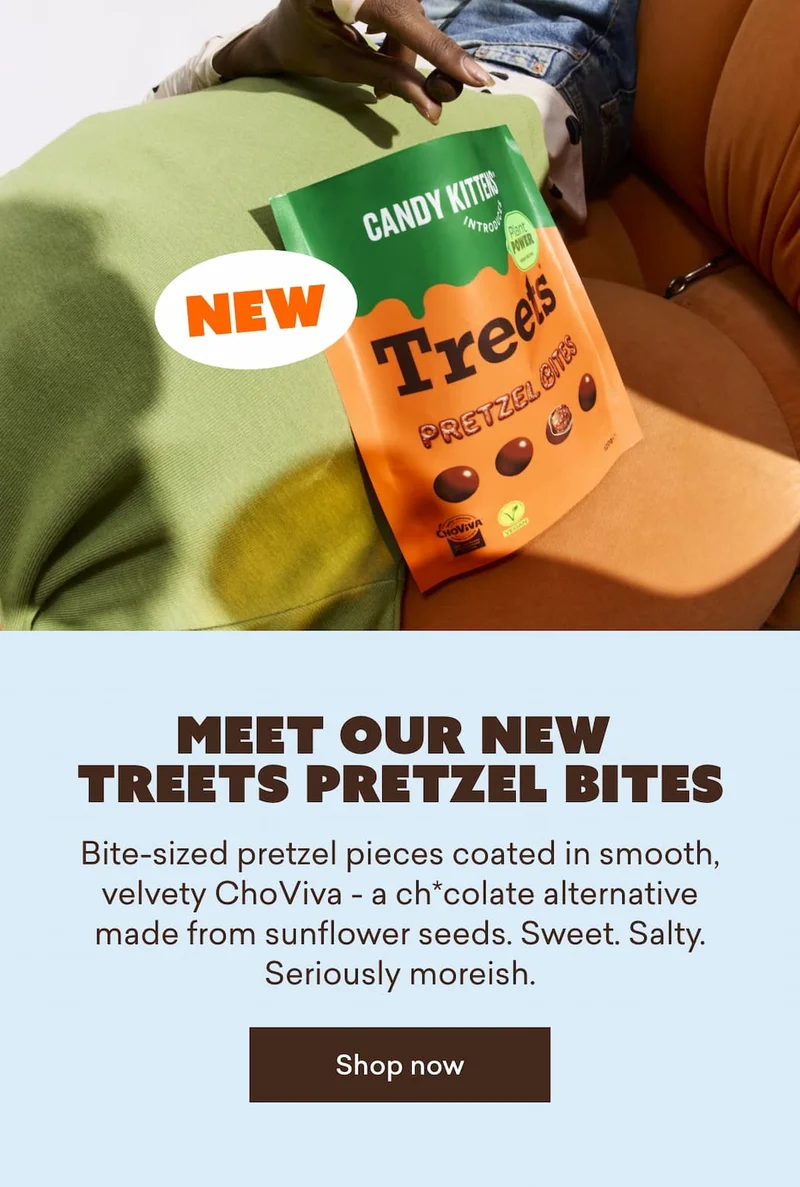 Meet our NEW Treets Pretzel Bites  Bite-sized pretzel pieces coated in smooth, velvety ChoViva -&nbsp;a ch*colate alternative made from sunflower seeds.&nbsp;Sweet. Salty. Seriously moreish.