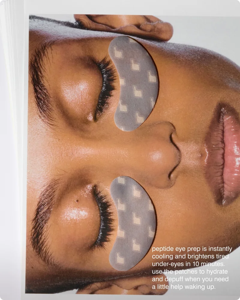 peptide eye prep is instantly cooling and brightens tired under-eyes in 10 minutes. use the patches to hydrate and depuff when you need a little help waking up.