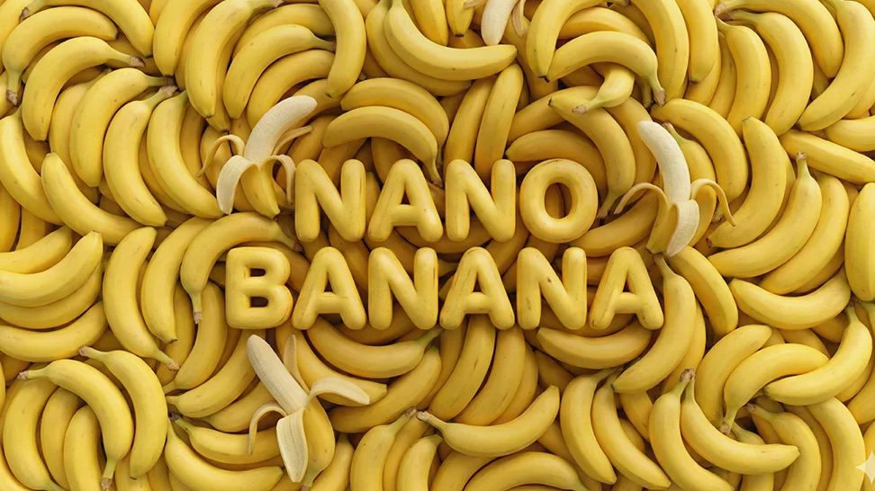 An overhead view of a large pile of bright yellow bananas, with the words NANO BANANA formed by banana-like, text-shaped objects in the center.