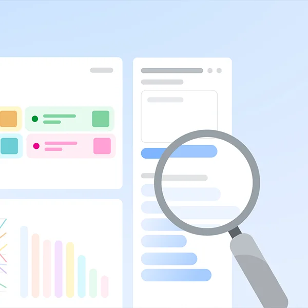 An abstract vector illustration featuring digital interface panels, a multi-colored bar chart, and a large magnifying glass focusing on a list of search results.