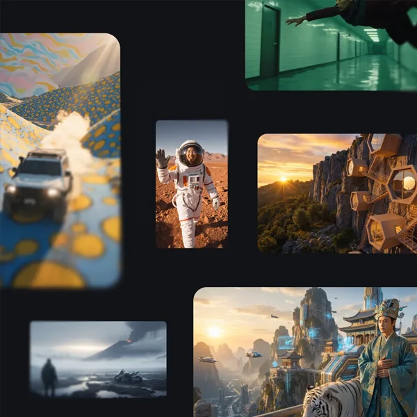 A collage of six images, featuring a car on a yellow and blue road, an astronaut on Mars waving, a modern honeycomb-style cliffside resort at sunset, a person in a misty landscape with a volcano, a figure in traditional attire standing by a white tiger in a futuristic city, and a person floating in a green hallway.