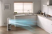 A kitchen with a Dyson purifier turned on