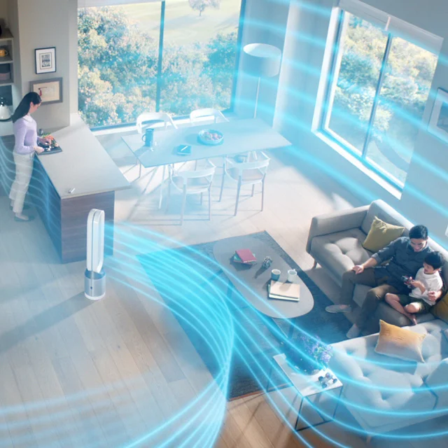 A living room with blue ventilation illustrated