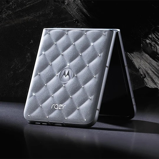 The new motorola razr Swarovski® edition propped up on a table
