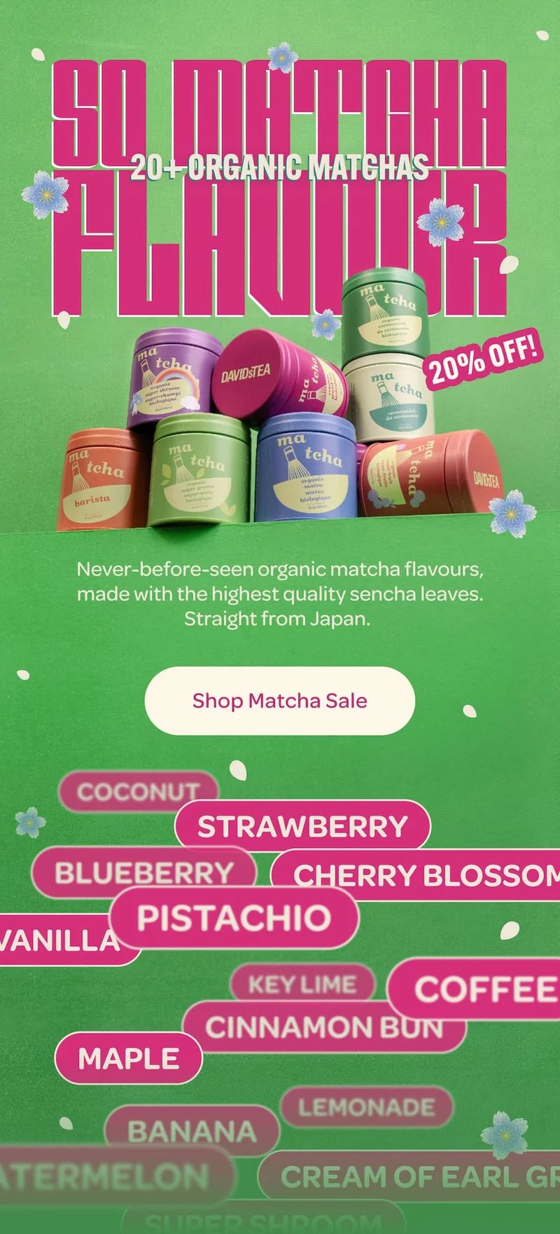 SO MATCHA FLAVOUR   Never-before-seen organic matcha flavours, made with the highest quality tencha leaves. Straight from Japan.