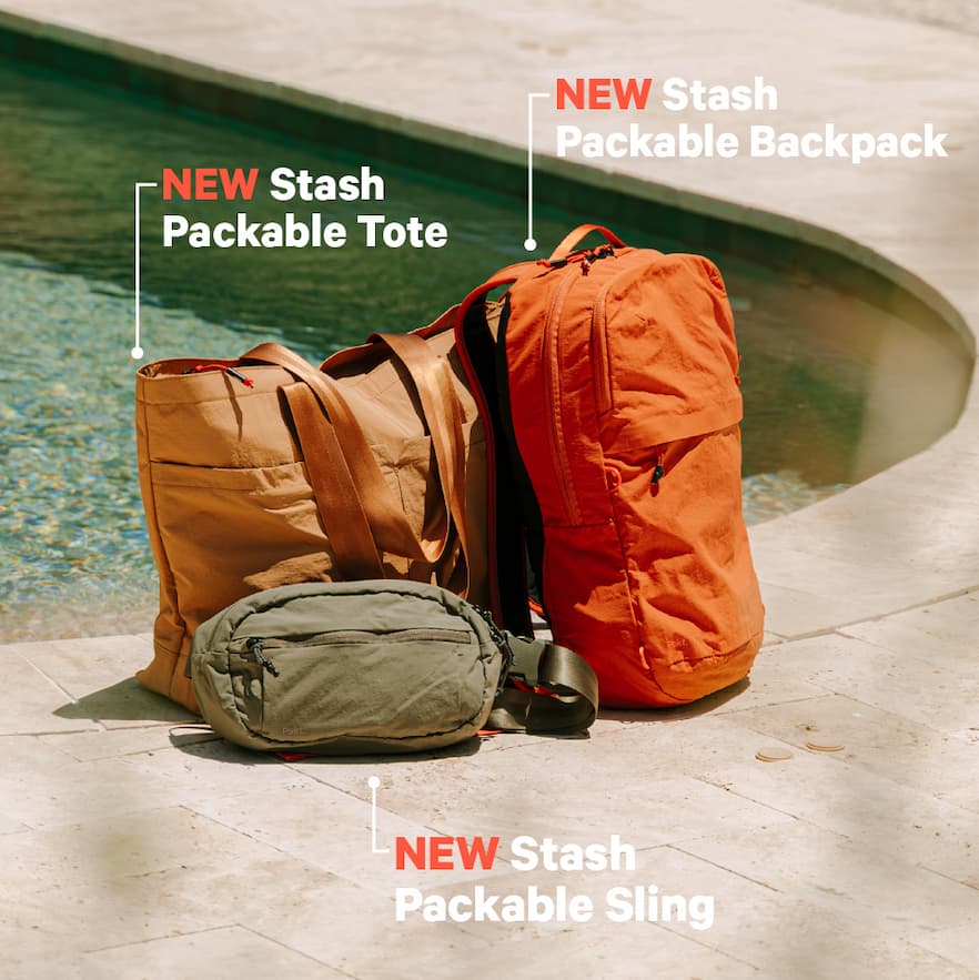 Stash Packable Tote in Mojave; Stash Packable Backpack in Sumac; Stash Packable Sling in Cypress