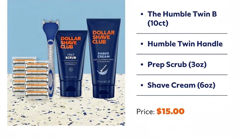 Dollar Shave Club set with razor, blades, scrub, and cream, priced at $15.00.